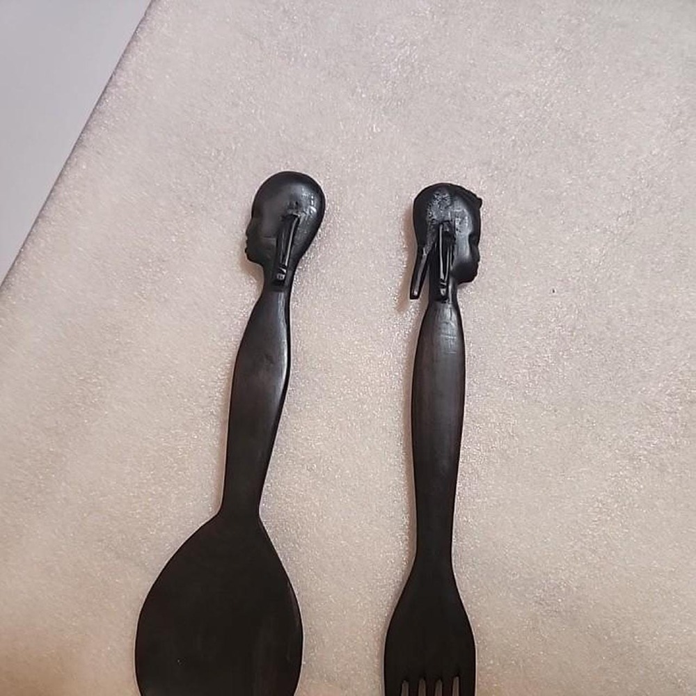Vintage Black Ebony African Carved Salad Serving Set